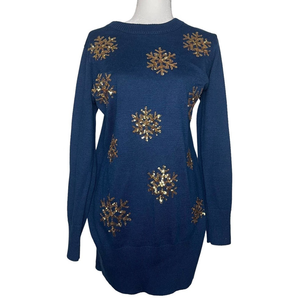 Tipsy Elves Sequined Golden Star Blue Sweater Dress L